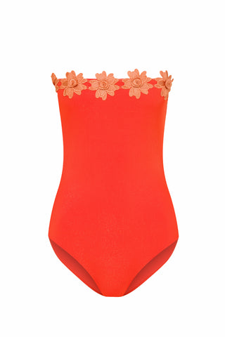 FLOWER EMBROIDERED EMBELLISHED STRAPLESS SWIMSUIT