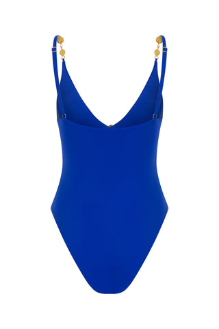 LAPIS LAZULI AND PEARL EMBELLISHED CUTOUT SWIMSUIT