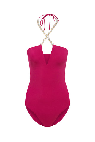 FAUX-PEARL EMBELLISHED HALTERNECK ONE-PIECE